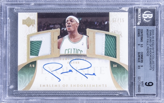 2005-06 UD "Exquisite Collection" Emblems of Endorsements #EMPP Paul Pierce Signed Game Used Patch Card (#11/15) - BGS MINT 9/BGS 10
